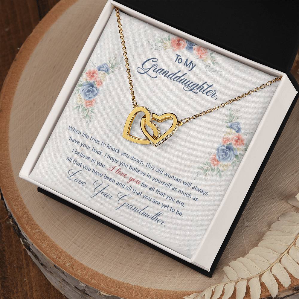 To My Granddaughter — Interlocking Hearts Necklace, This Old Woman Will Always Have Your Back