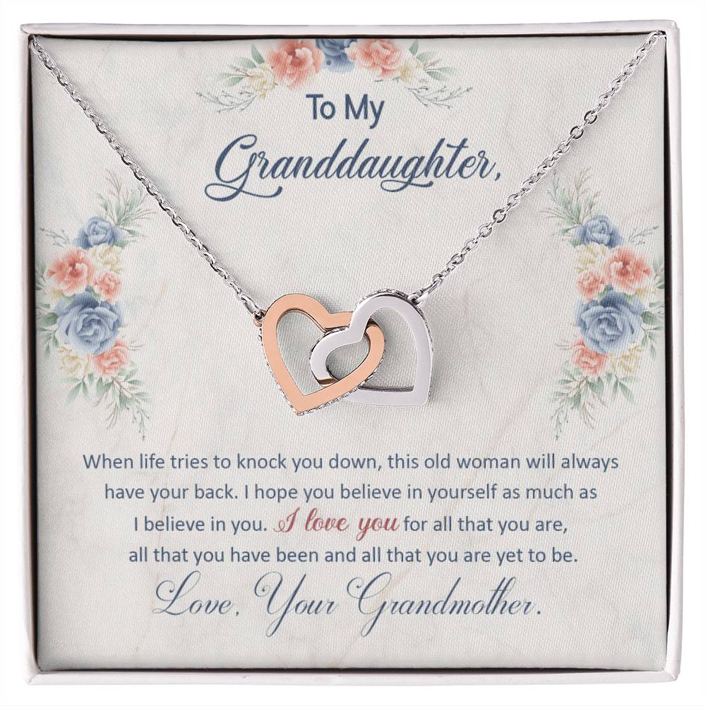 To My Granddaughter — Interlocking Hearts Necklace, This Old Woman Will Always Have Your Back