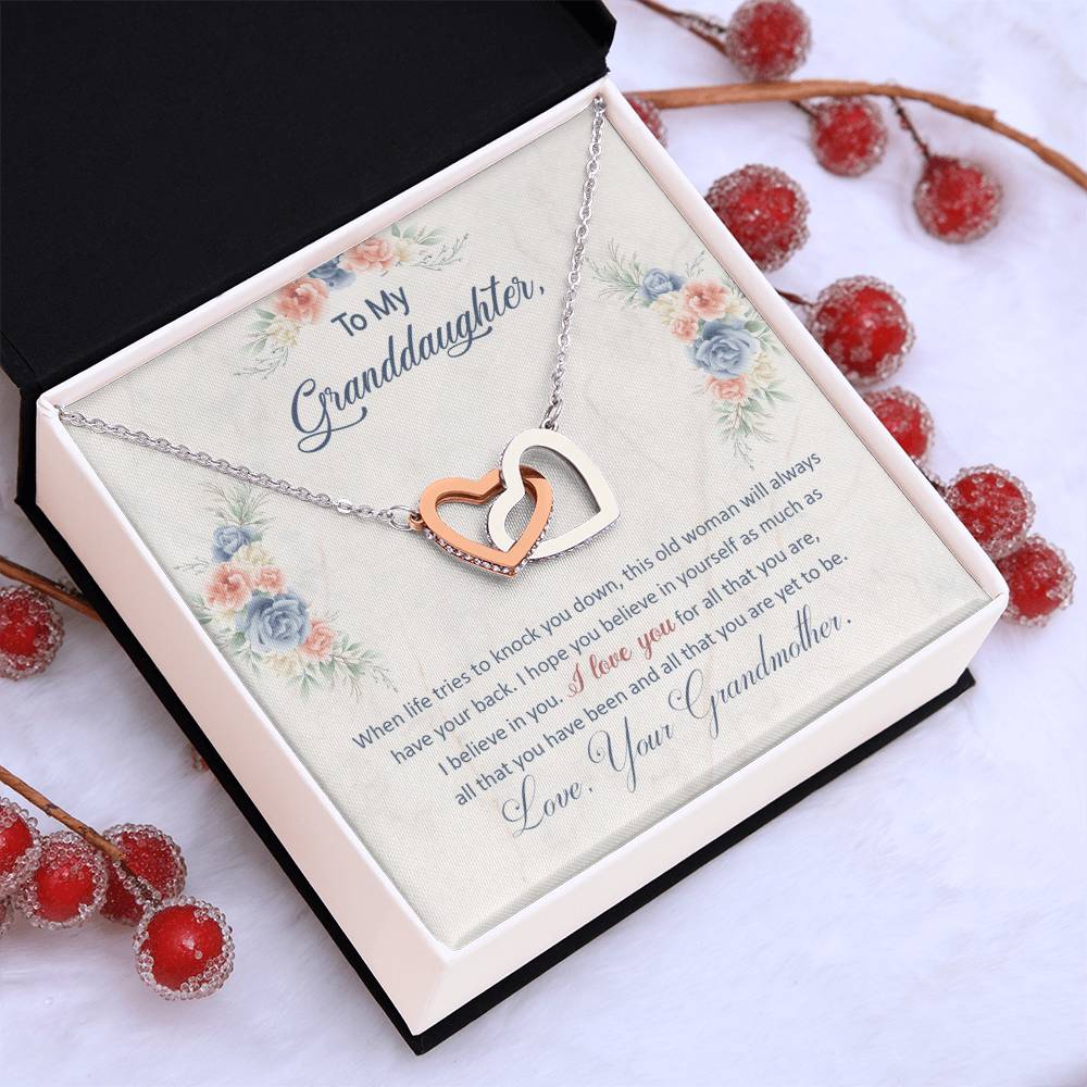 To My Granddaughter — Interlocking Hearts Necklace, This Old Woman Will Always Have Your Back