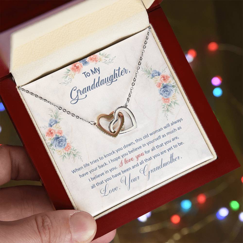 To My Granddaughter — Interlocking Hearts Necklace, This Old Woman Will Always Have Your Back